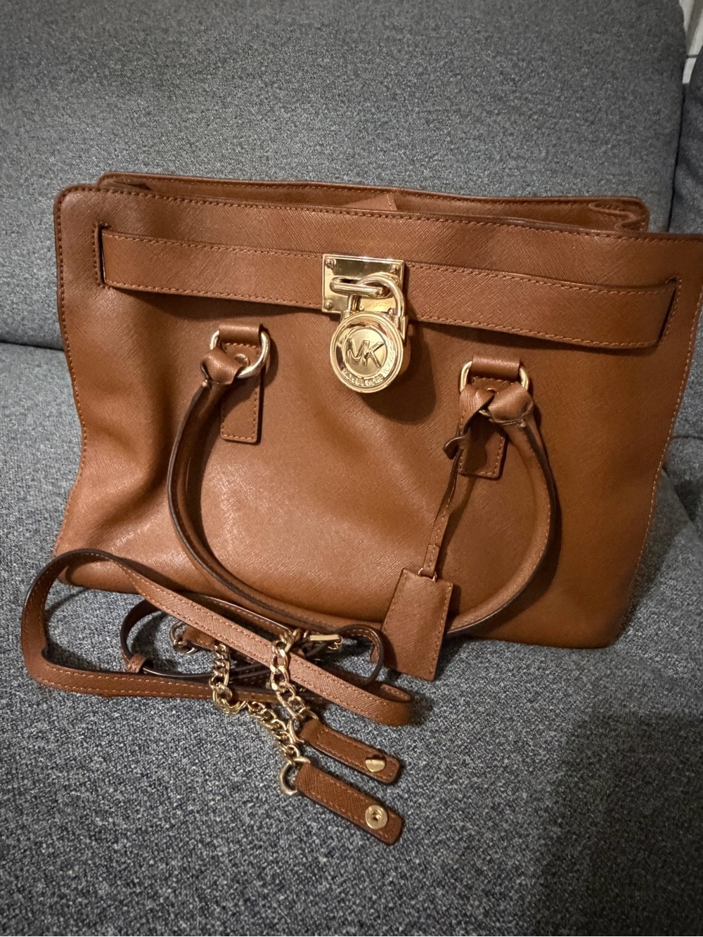Michael Kors Cognac Leather Satchel with Gold Accent Lock